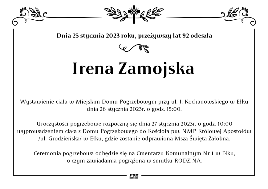 Irena Zamojska  - nekrolog